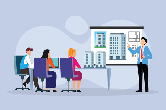 Architect Presenting Urban Building Project to Clients in Office Meeting 2d flat vector illustration
