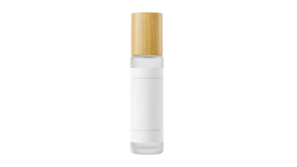 Frosted glass roller bottle with natural bamboo cap and blank label area provides an elegant and ecofriendly packaging solution for essential oils, perfume, and cosmetic serums.