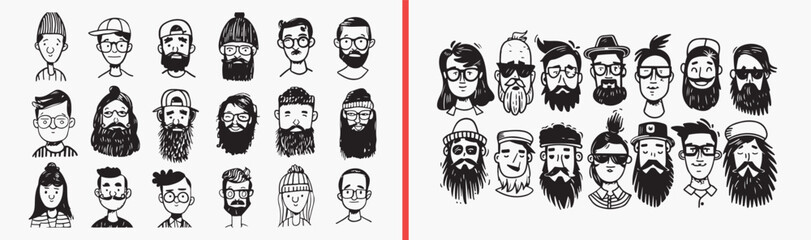 Diverse People Face Expression Collection Art, Hand Drawn Character Portrait Sketch Design, Different Human Avatar Doodle Vector Clipart, Multicultural Person Drawing Bundle Graphics Stock, Various Fa