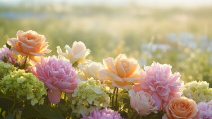 Fototapeta premium Beautiful Blooming Roses and Peonies in Soft Morning Light on a Fresh Spring Day