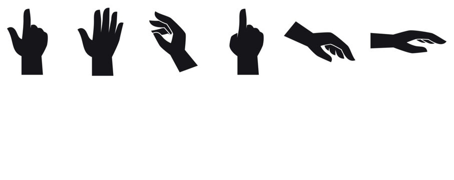 Hand vector silhouette, detailed hand gestures, positions, signs. Ideal arm, hands for illustrations, logos, icons showcasing human interaction, expression. Vector illustration.