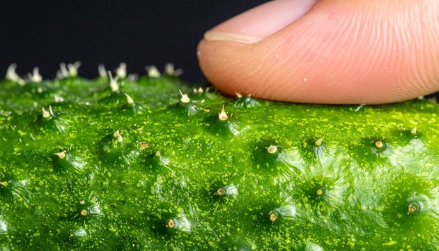 Close-up of human finger touching cactus.