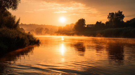 Ethereal sunrise over misty river with golden water reflection