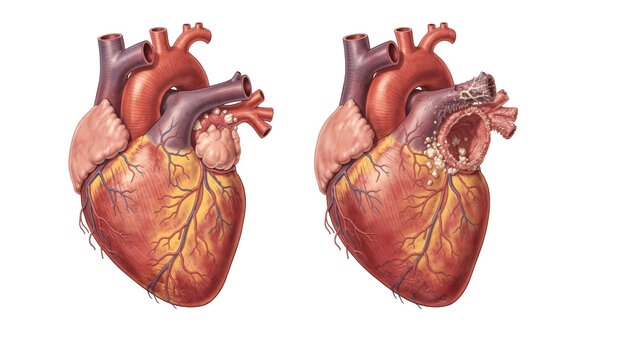 Before and after comparison of heart anatomy with carcinoid syndrome impact featuring isolated heart images on white with a simple legend box for diagnostic clarity.