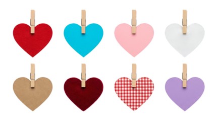 Heart shape set including red, blue, pink, white, brown, maroon, checkered, and purple textures isolated. Valentine and craft decoration collection.