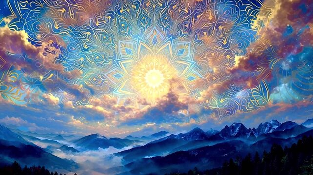 Surreal and colorful animation showing a glowing sun with an intricate mandala pattern shining over a beautiful and foggy mountain range, creating a spiritual and mystical atmosphere of peace