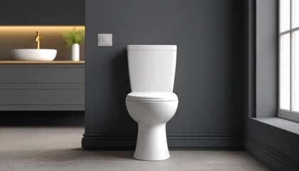 Low eye level view of a modern toilet in a stylish bathroom with dark walls and elegant lighting, showcasing contemporary design and functionality