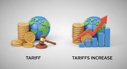 3D Rendered Concept - Global Tariffs vs. Increasing Tariffs with Coins, Globe, Gavel, and Bar Chart.