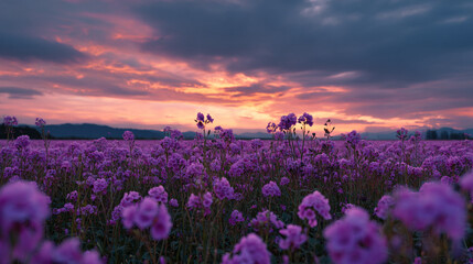 Purple wildflower field under a dramatic colorful evening sky