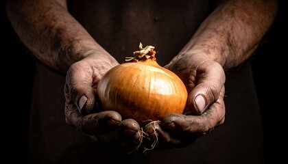 Dirty hands holding a large onion.