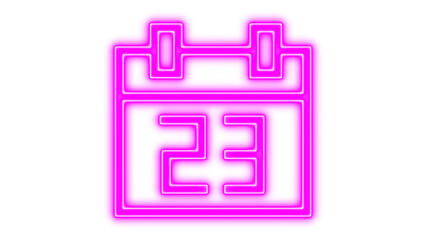Bright neon pink calendar icon displaying the date 23, symbolizing important events, scheduling, and planning, in a vibrant glowing style isolated on transparent background.