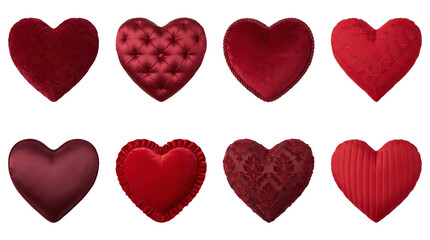 Red heart pillow set including velvet, satin, tufted, ruffled, and embroidered styles isolated. Valentines day home decor collection.
