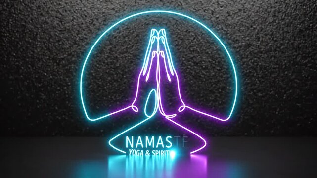 Neon drawing of praying hands with the inscription &ldquo;NAMASTE yoga and spirituality&rdquo; on a dark background 