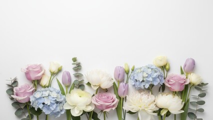 Obraz premium Beautiful Floral Arrangement with Pink and Blue Flowers on White Background for Elegant Decor