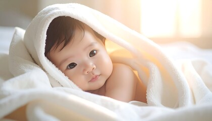 Sweet Baby Wrapped in Soft Towel: A serene baby rests contentedly, wrapped in a soft towel, capturing a moment of pure innocence and gentle calm.