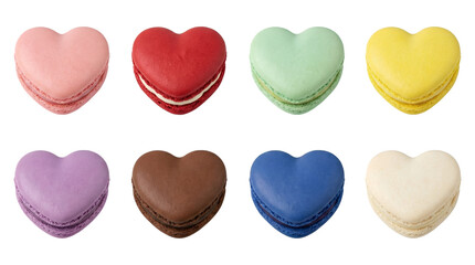 Obraz premium Heart shaped macaron set including pink, red, green, yellow, purple, brown, blue, and white colors isolated. Sweet dessert and Valentine confectionery collection.
