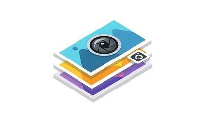 Isometric 3D Icon of Layered Photo Frames with Camera Lens Aperture