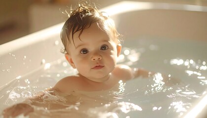 Baby's Bath Time Bliss: A close-up shot of a baby enjoying a bath. bathed in the warm, soft glow of the sun, and the image exudes a sense of tranquility and contentment.
