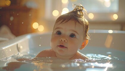 Gentle Bubbles: A joyful baby enjoys a warm bath. captured the serene moment, the image is a testament to the purity of childhood.