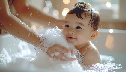 Pure Delight: A baby's joyful expressions in a bubble bath, demonstrating a heartwarming moment of innocence and purity.