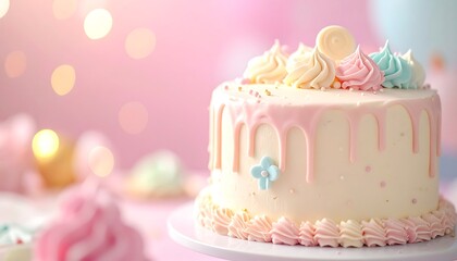 Sweet Celebration: A delectable cake adorned with pastel-colored frosting and intricate designs stands as the centerpiece of a joyful celebration.