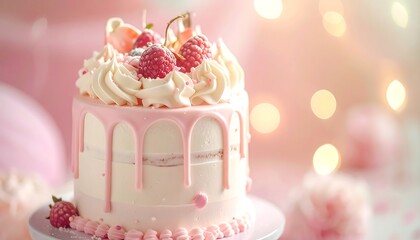 Sweet Indulgence: A delectable miniature cake adorned with fresh raspberries and creamy frosting, a perfect treat for a celebration or moment of pure indulgence.