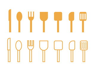 黄色の調理器具（包丁、お玉、ヘラ）のアイコンのイラストのセット