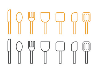 調理器具（包丁、お玉、ヘラ）のアイコンの線画イラストのセット