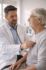 Fototapeta premium Doctor examines senior patient with stethoscope in office settin