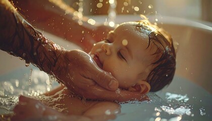 Gentle Bath Time Moments: Tender hands cradling a baby during a soothing bath, capturing the pure innocence of infancy and the loving care of a parent.