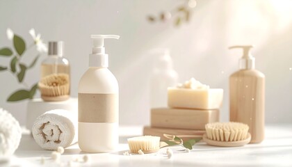 Serene Spa Essentials: An array of eco-friendly skincare products, including lotions, soaps, and brushes, are artfully arranged, promising a tranquil and rejuvenating self-care ritual.