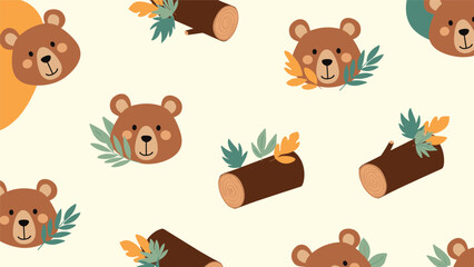 Obraz premium Cute and cozy seamless pattern for children featuring adorable brown bear faces, logs, and autumn leaves on a light background.