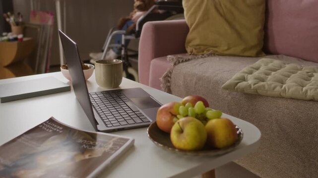 Fashion magazine, plate with fruits, open laptop, notebook and mug on white coffee table next to couch, with unknown person and dog in wheelchair in background