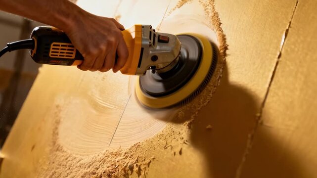 Powered sanding tool smoothing large drywall surfaces highlighting speed and uniformity in prep work before applying primer and paint.