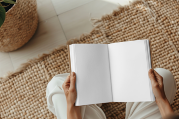 Open book mockup on woven rug png, transparent design