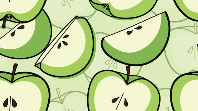 Seamless repeating pattern of fresh green apple slices and halves with seeds, creating a vibrant and healthy fruit-themed background design.