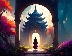 buddhist temple at sunset