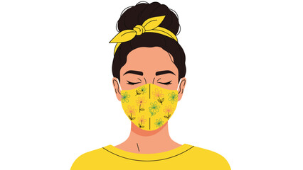 Stylish young woman with closed eyes wearing a decorative yellow face mask and matching hair bandana to protect against virus and pollution.