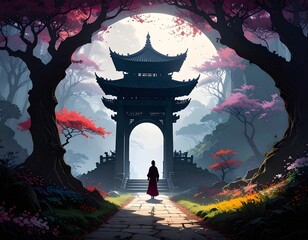 buddhist temple at sunset