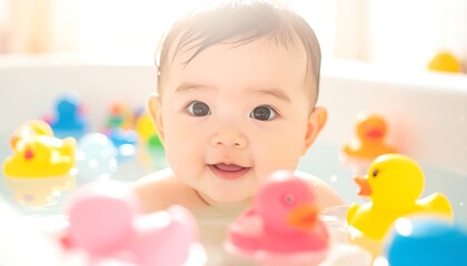 Bathtime Bliss: A cheerful baby enjoys a playful bathtime experience, surrounded by vibrant rubber duckies, creating a scene of pure joy and contentment.