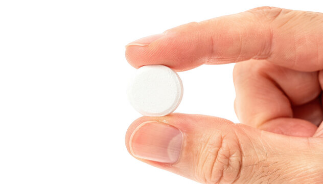 Individual nitroglycerin tablet held between fingers on white backdrop emphasizing dosage form for quick absorption in angina treatment.