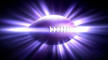 American football ball glowing with purple light rays on dark background, concept for sports energy and championship promotion