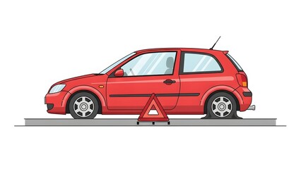 Naklejka premium Red hatchback car with a flat tire and emergency warning triangle on the road, symbolizing vehicle breakdown and the need for roadside assistance.