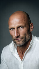 Obraz premium Good looking middle aged caucasian man with bald head and beard wearing white shirt, close up studio portrait