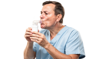 Patient holding a positive expiratory pressure device in a clinical setting demonstrating chest physiotherapy for mucus clearance on a clean white background.