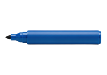 hyper-photorealistic macro shot of a single royal blue uncapped permanent marker pen, horizontally oriented against a transparent background, showcasing sharp focus. concept for office supplies