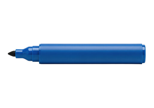 hyper-photorealistic macro shot of a single royal blue uncapped permanent marker pen, horizontally oriented against a transparent background, showcasing sharp focus. concept for office supplies