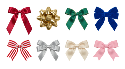 Decorative gift bow set including satin, velvet, striped, and metallic styles isolated. Ribbons for holiday and present packaging.