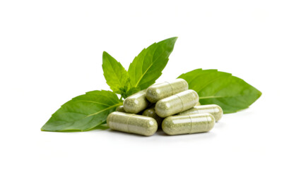 Natural Alternative Medicine Herbal Capsules with Green Leaves Eco Friendly Healthcare.