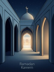 Ramadan kareem mosque archway at night with crescent moon
